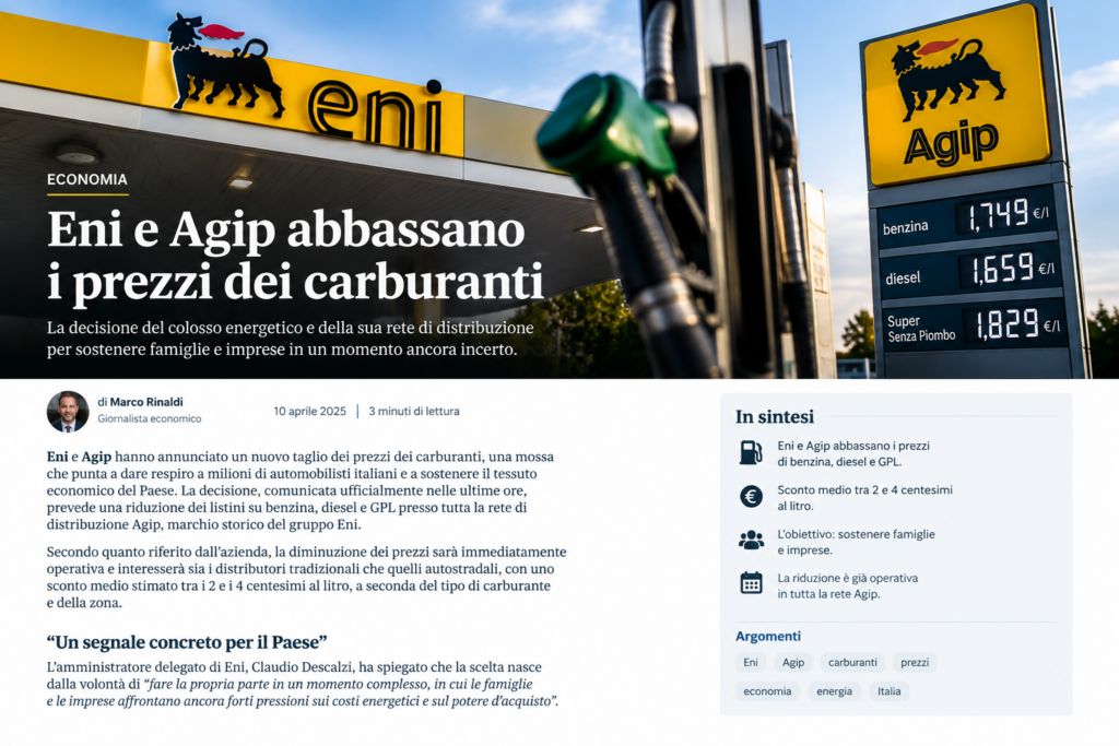 Eni e Agip abbassano il prezzo dei carburanti