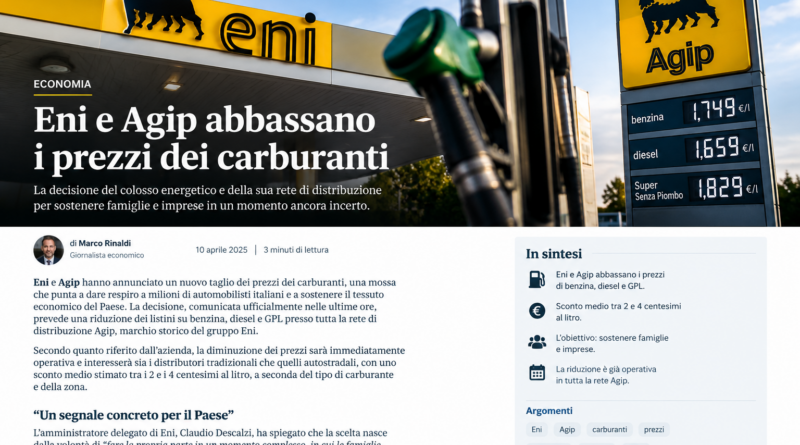 Eni e Agip abbassano il prezzo dei carburanti
